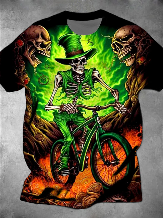 Cycling Skull Print Round Neck Short Sleeve Men's T-shirt