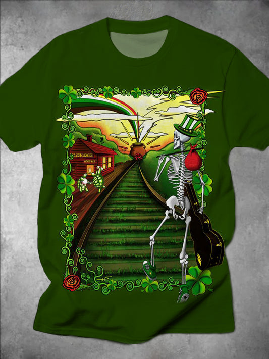 St. Patrick's Day Skull Guitar Print Round Neck Short Sleeve Men's T-shirt