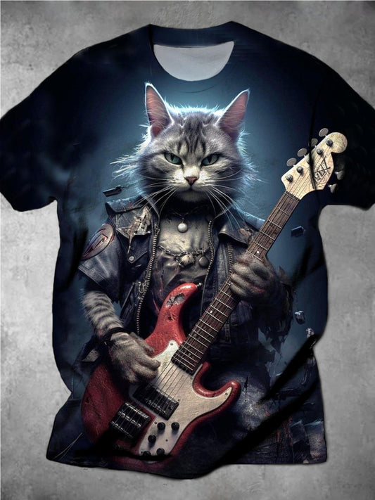 Guitar Cat Punk Round Neck Short Sleeve Men's T-shirt