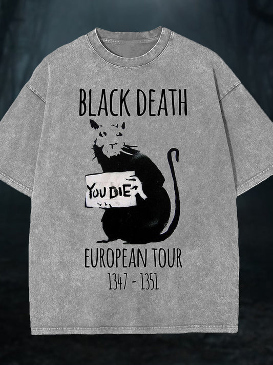 Black Death Plague Print Washed Short Sleeve Round Neck T-shirt
