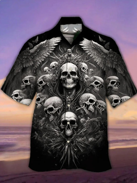 Grim Reaper Skull Print Men's Cuban Collar Short Sleeve Shirt