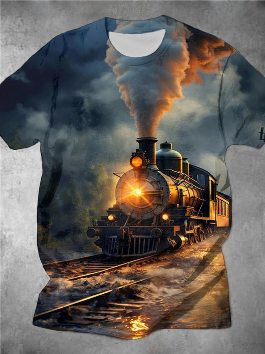 Dark Steam Train Print Men's Short-Sleeved Round Neck T-Shirt