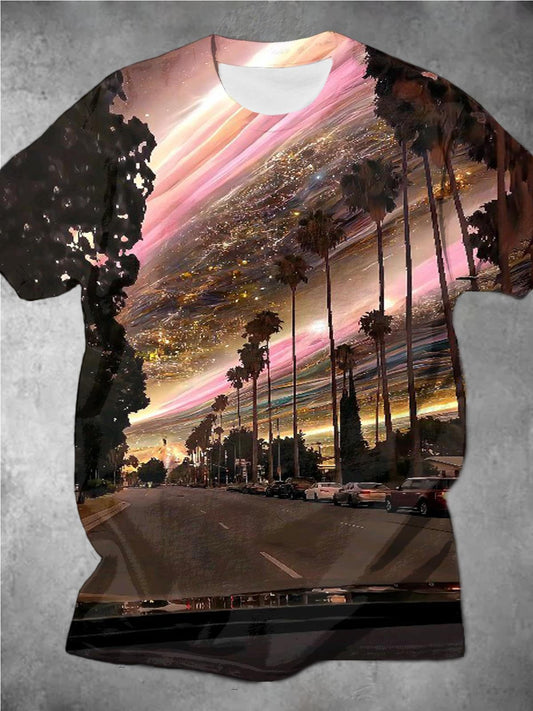 Coconut Tree Starry Sky Vacation Print Round Neck Men's T-Shirt