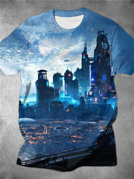 Blue Cityscape Print Men's Short-Sleeved T-Shirt