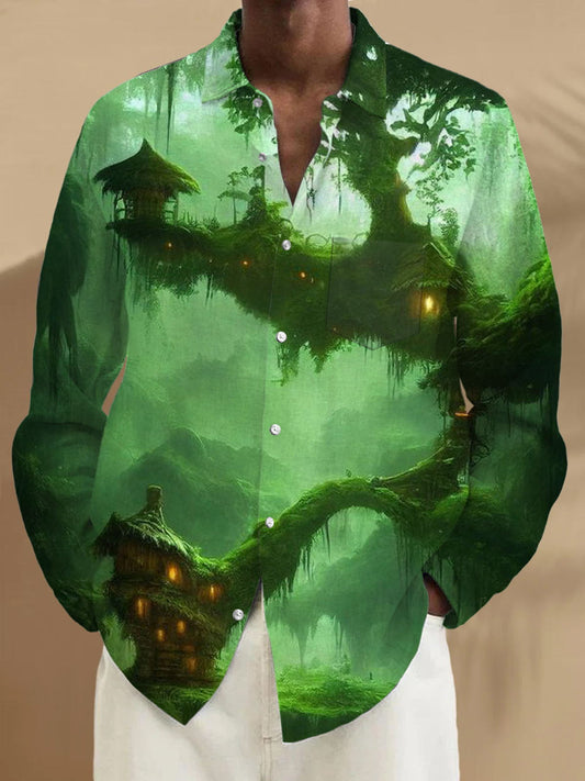 Rainforest Print Long Sleeve Men's Shirts With Pocket