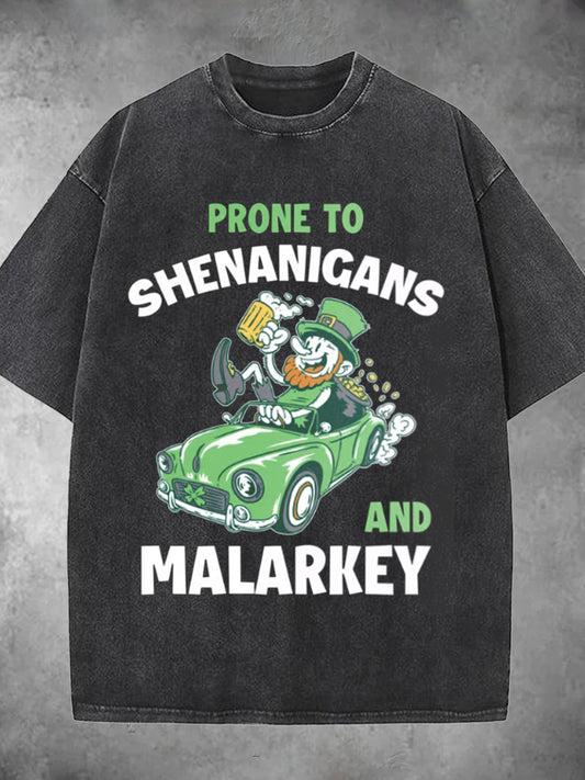 Prone To Shenanigans And Malarkey St. Patrick's Day Print Washed Short Sleeve Round Neck T-shirt
