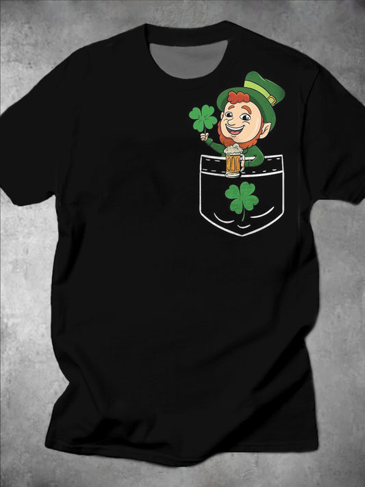 St. Patrick's Day Shamrock Leprechaun Print Round Neck Short Sleeve Men's T-shirt