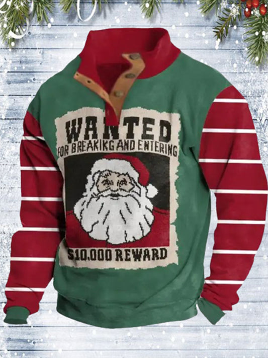 Wanted Santa Claus Print Men's Long Sleeve Stand Collar Button Top