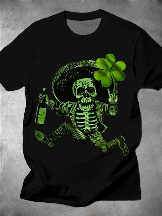 St. Patrick's Day Skull Clover Print Round Neck Short Sleeve Men's T-shirt