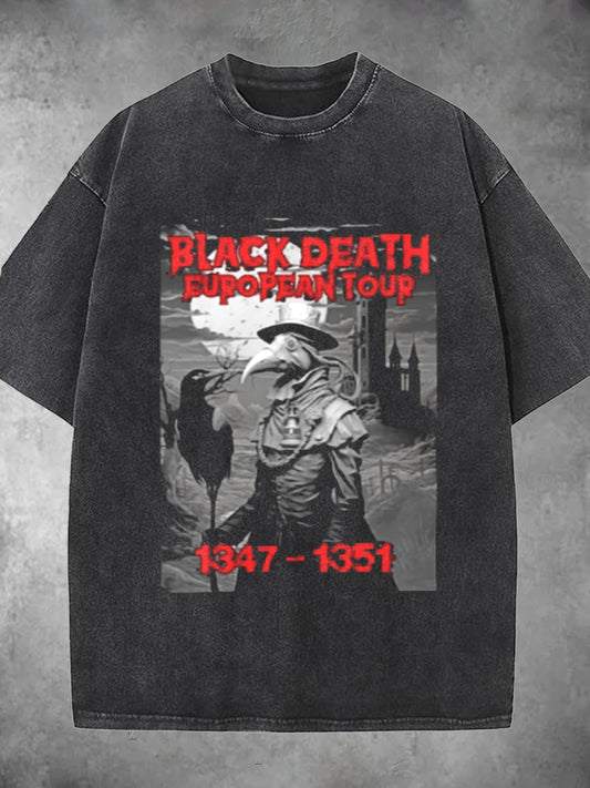 Black Death European Tour Crow Plague Doctor Print Washed Short Sleeve Round Neck T-shirt