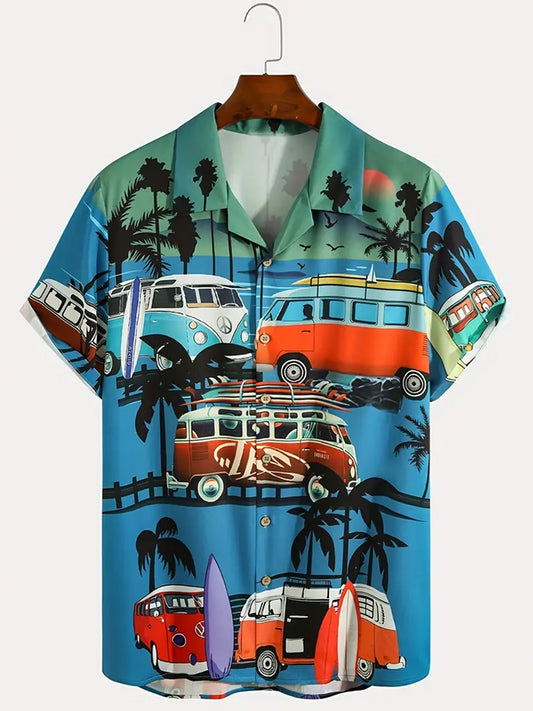 Bus Vacation Retro Print Men's Short Sleeve Cuban Collar Shirt