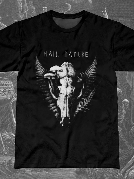 Hail Nature Dark Mushroom Skull Print Round Neck Short Sleeve Men's T-shirt