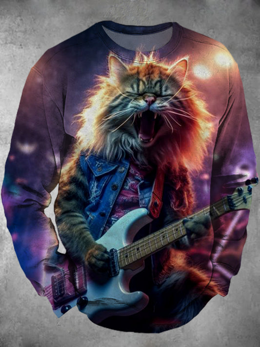 Rock Cat Playing Guitar Printed Round Neck Long Sleeve Men's Top