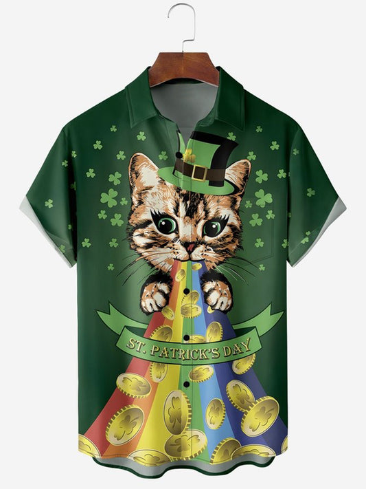 St. Patrick's Day Cat Print Short Sleeve Men's Shirts With Pocket