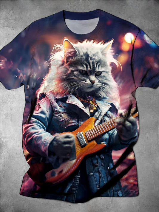 Vintage Punk Cat Playing Guitar Round Neck Short Sleeve Men's T-shirt