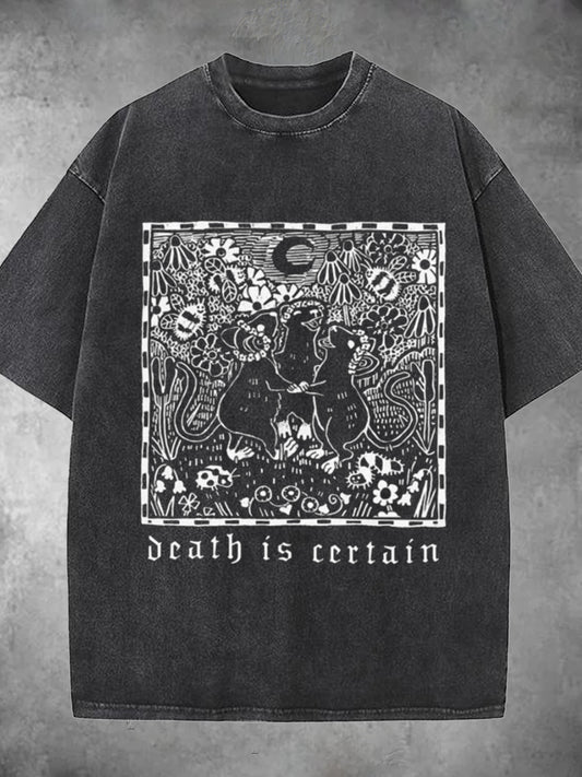 Death Is Certain Rat Print Washed Short Sleeve Round Neck T-shirt