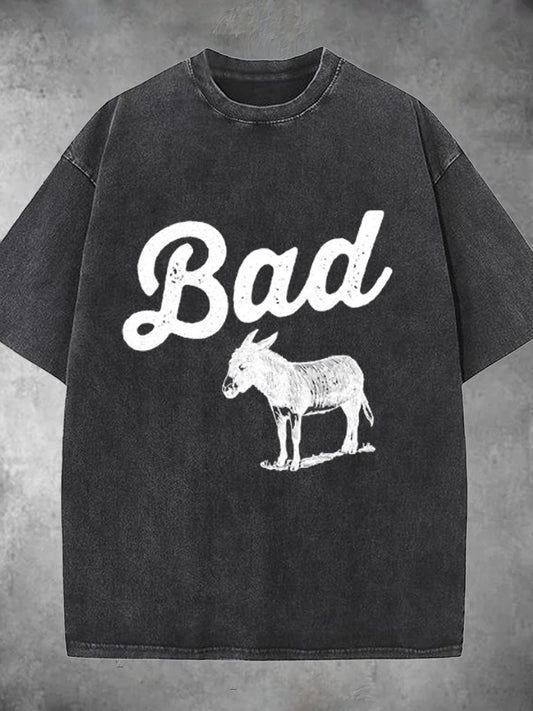 Funny Bad Ass Donkey Washed Short Sleeve Round Neck T-shirt