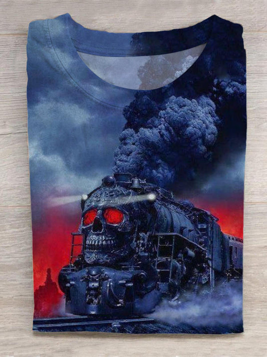 Vintage Train Skull Print Round Neck Short Sleeve Men's T-Shirt