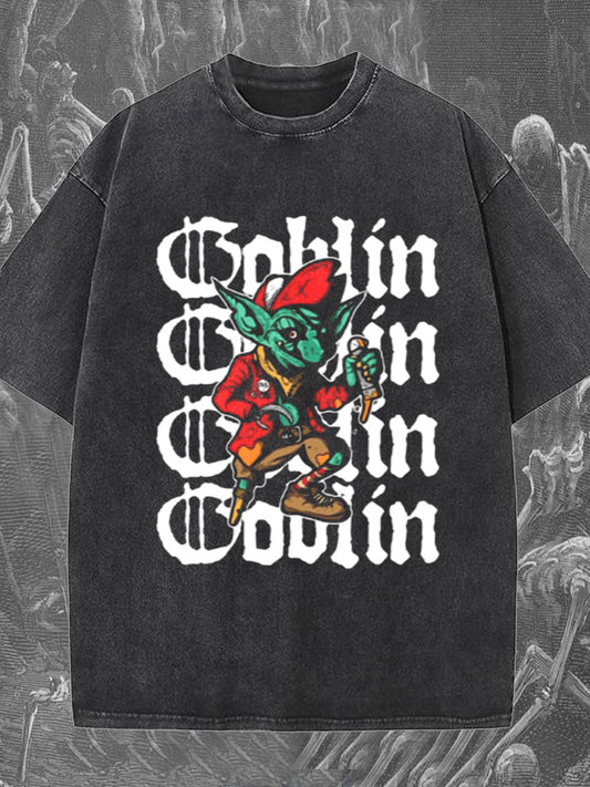 Goblin Print Washed Short Sleeve Round Neck T-shirt
