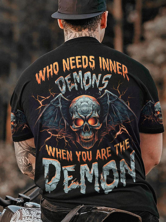 WHO NEEDS INNER DEMONS skull bat creative print Halloween men's T-shirt