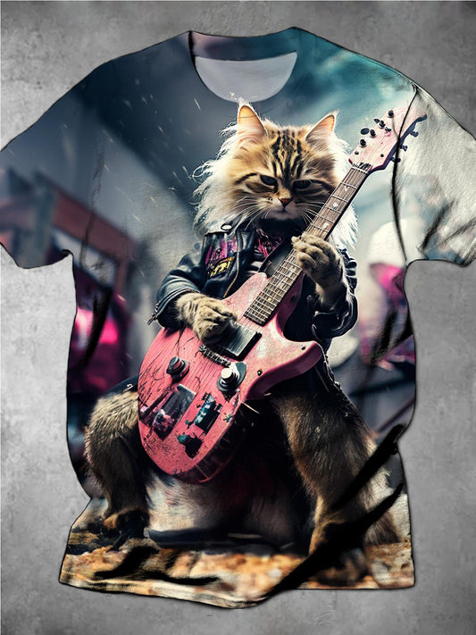 Vintage Punk Cat Playing Guitar Round Neck Short Sleeve Men's T-shirt