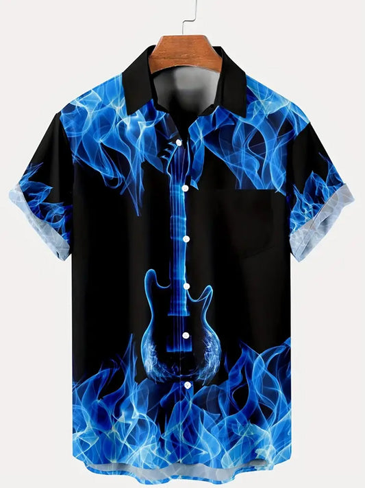 Retro Flame Guitar Print Men's Lapel Short Sleeve Shirt