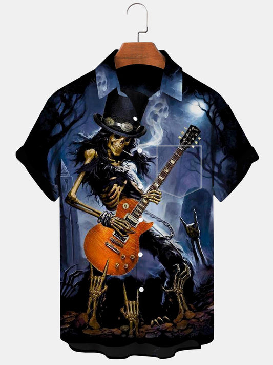 Skull Guitar Band Short Sleeve Men's Shirts With Pocket