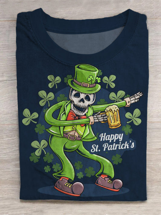 St. Patrick's Day Skull Drinking Beer Print Round Neck Short Sleeve Men's T-shirt