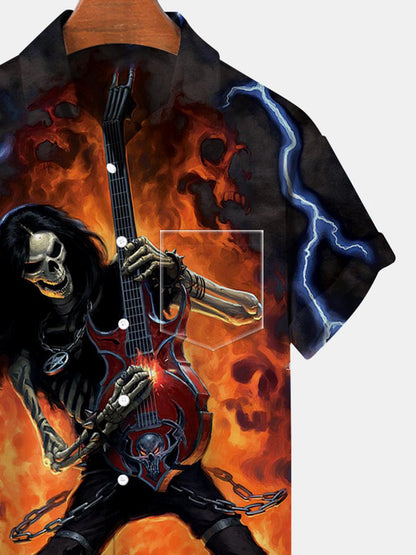 Skull Guitar Short Sleeve Men's Shirts With Pocket
