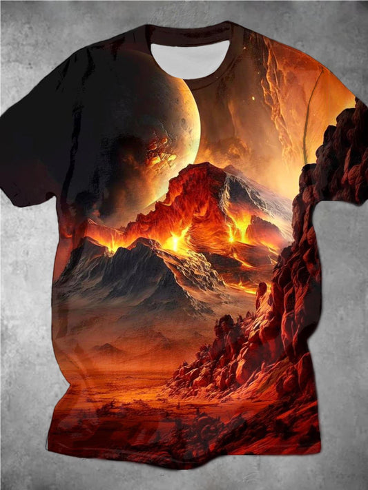 Volcano Eruption Print Men's Short-Sleeved Crew Neck T-Shirt