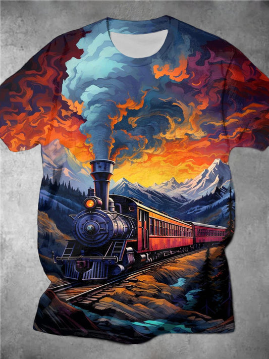 Oil Painting Steam Train Print Men's Short-Sleeved Round Neck T-Shirt