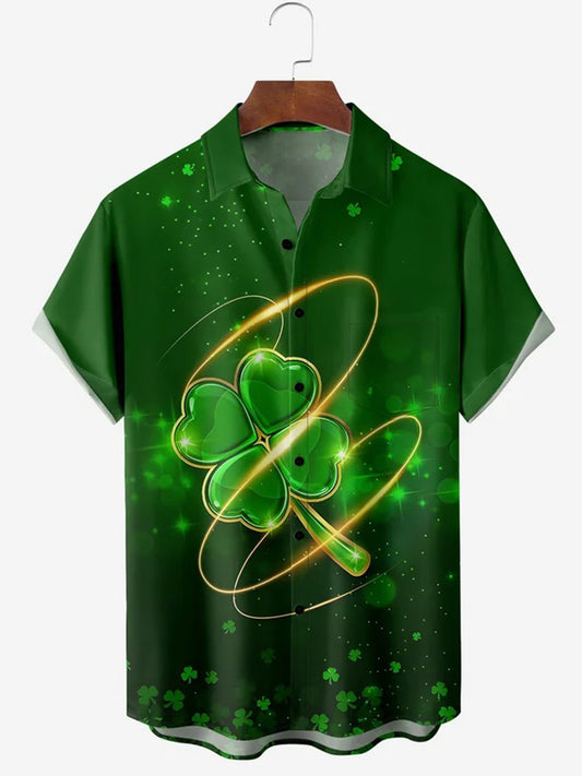 St. Patrick's Day Four Leaf Clover Print Short Sleeve Men's Shirts With Pocket