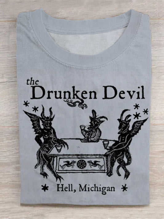 Drunken Devil Retro Bar Beer Print Round Neck Short Sleeve Men's T-shirt