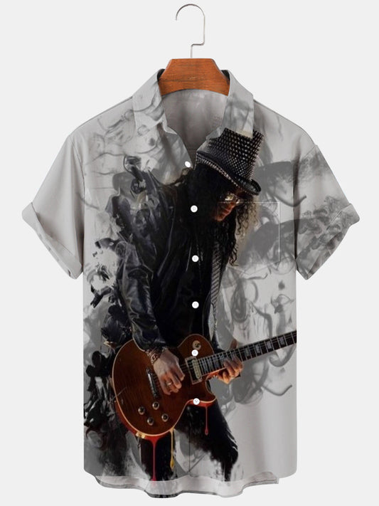 Rock Print Short Sleeve Men's Shirts With Pocket
