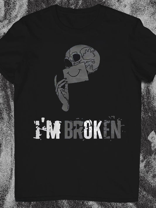 I'm Broken Skull Print Round Neck Short Sleeve Men's T-shirt