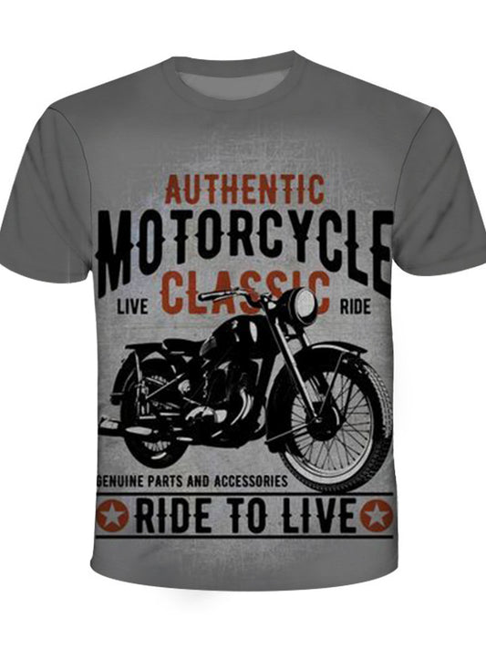 Retro Motorcycle Round Neck Short Sleeve Men's T-shirt