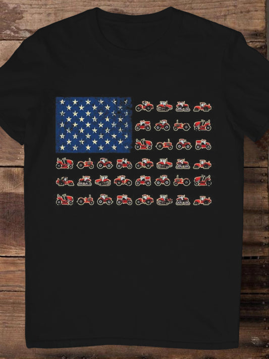 Vintage American Flag Farm Tractor Print Round Neck Short Sleeve Men's T-shirt