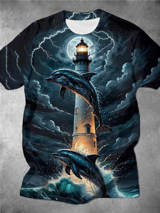 Dolphin Lighthouse Print Crew Neck Men's T-Shirt