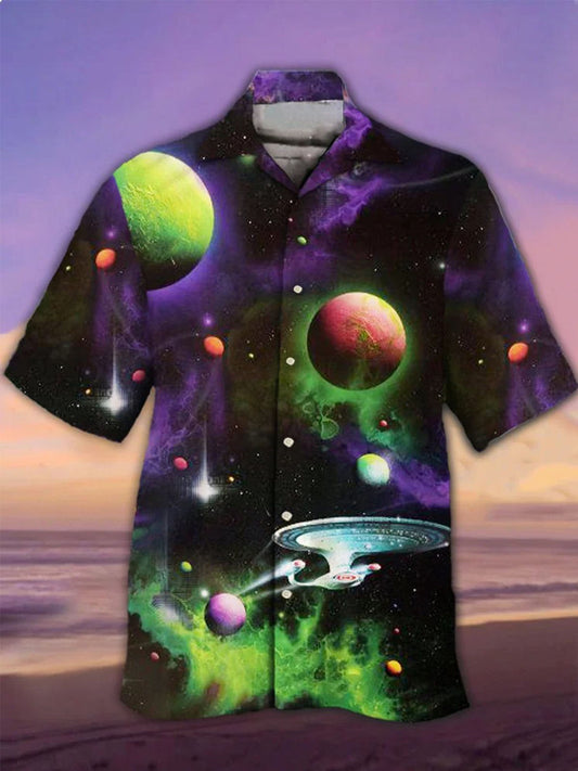 Psychedelic Space Universe Planet Print Men's Cuban Collar Short Sleeve Shirt