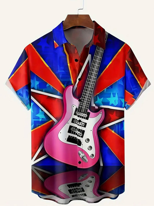 Personalized Color Block Guitar Print Men's Short-Sleeved Shirt