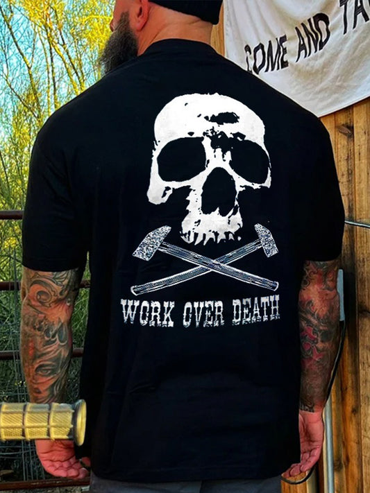 Work Over Death Printed Round Neck Short Sleeve Men's T-shirt