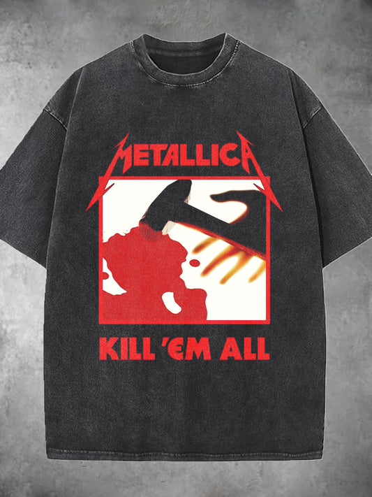 Metal Rock Print Washed Short Sleeve Round Neck Men's T-shirt