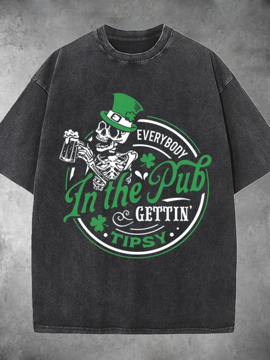 Everybody In The Pub Gettin Tipsy St. Patrick's Day Skull Print Washed Short Sleeve Round Neck T-shirt