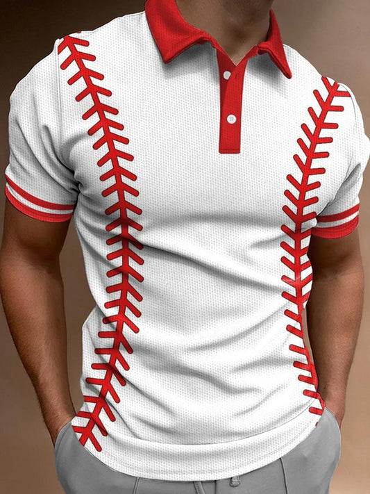 Contrast Color Baseball Print Men's Short Sleeve Button Polo