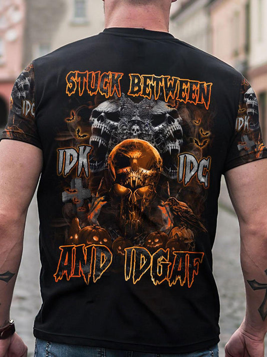 "STUCK BETWEEN IDK,IDC AND IDGAF" skull creative print Halloween men's T-shirt