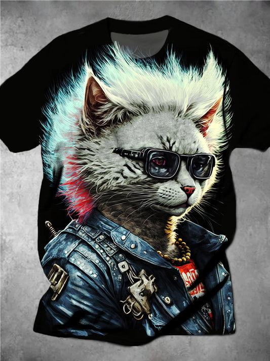 Sunglasses Cat Punk Round Neck Short Sleeve Men's T-shirt