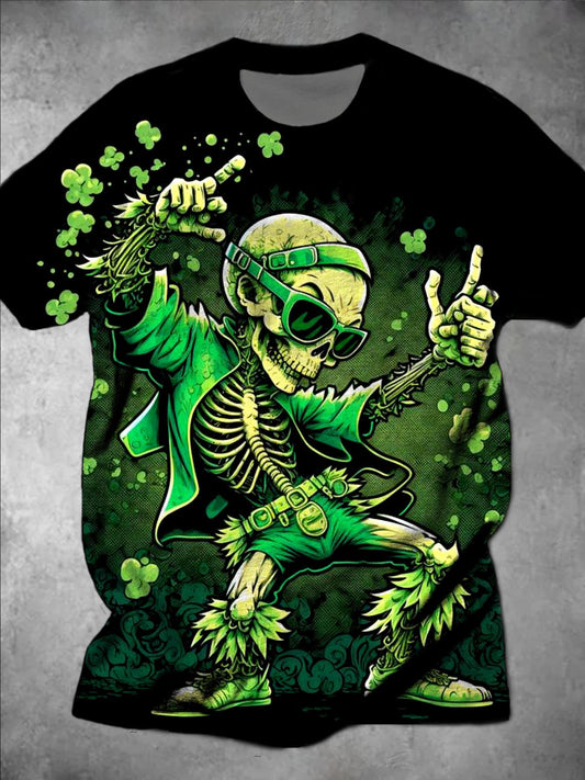 St. Patrick's Day Skull Print Round Neck Short Sleeve Men's T-shirt