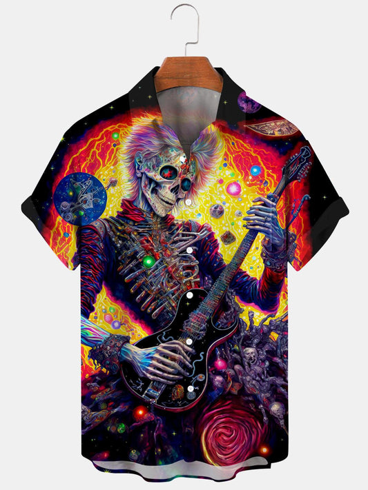 Rock Skull Playing Guitar Print Short Sleeve Men's Shirts With Pocket