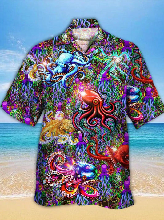 Hippie Colorful Octopus Print Men's Cuban Collar Short Sleeve Shirt