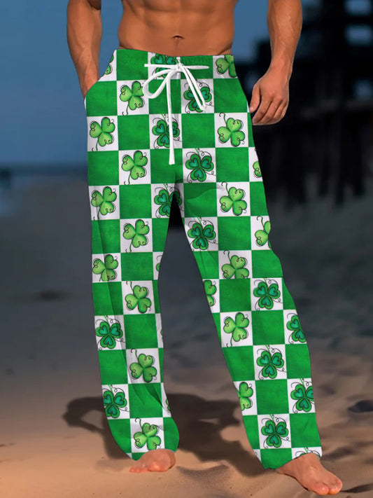St. Patrick's Day Shamrock Geometric Print Men's Casual Elastic Waist Pants